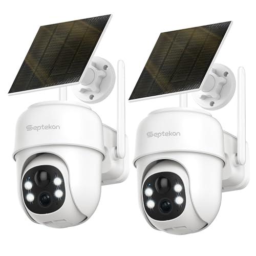 Septekon 360°PTZ Security Cameras Wireless Outdoor 2 Pack, 2K Solar Battery Powered Cameras, 2.4G WiFi Camera with Spotlight, Motion Detection, Siren, Color Night Vision, IP66, White