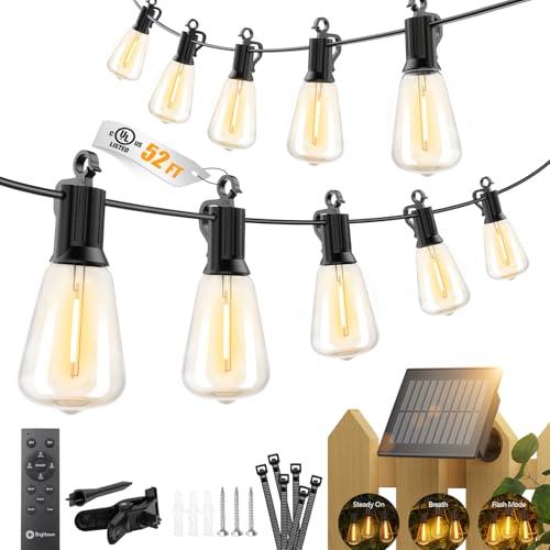 Brightown 52FT Solar String Lights Outdoor Waterproof, Patio Lights with Remote and 15+1 LED Shatterproof Bulbs, Dimmable & Timable, 3 Light Modes, Solar Lights Outdoor for Yard Garden Camping Party