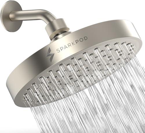 SparkPod Shower Head - High Pressure Rain - Premium Quality Luxury Design - Easy Clean Adjustable Replacement for Your Bathroom Shower Heads (Elegant Brushed Nickel, 6 Inch Round)