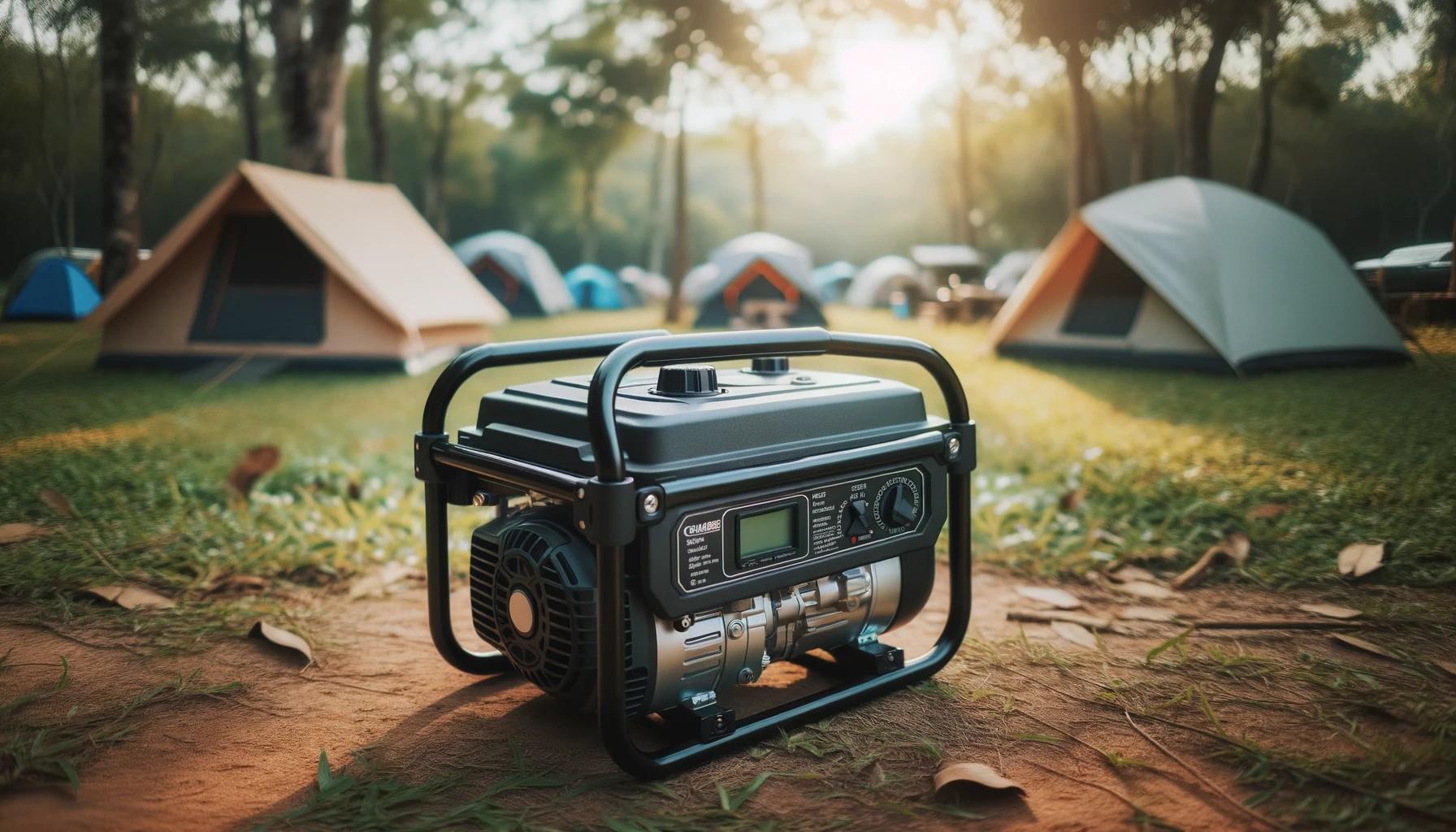 A compact portable generator with sturdy handles, situated at a campsite with tents, emphasizing its outdoor utility.
